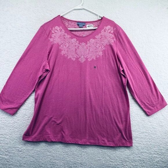 Laura Scott Womens Tunic Size XL Pink 3/4 Sleeve Rhinestones Lace Graphic New - Picture 1 of 10